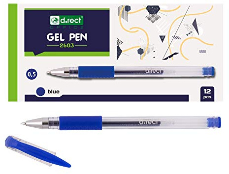 D.RECT Office 2603 | Juego de 12 Bolígrafos de Tinta de Gel con Mango de Goma | Bolígrafo de Gel Azul | Punta Ultra Fina (0,5 mm) | Bolígrafos de Tinta de Gel con Capuchón | Color: Azul