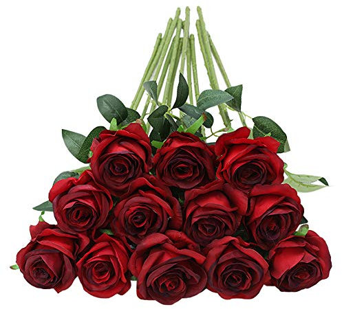 Tifuly 12 PCS Künstliche Rosen, 19,68 '' Single Long Stem Fake Rose Seide Braut Hochzeitsstrauß Realistische Blume für Hausgarten Party Hotel Büro Dekor (Blüten Rosen,Burgund)