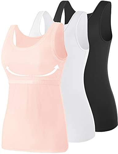 AMVELOP Tank Tops for Women Built in Bra Cotton Shelf Bra Tanks Layering Undershirts 2-3 Pack Black White Pink L