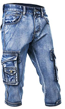 Idopy Men`s 3/4 Cargo Denim Shorts Biker Jeans with Multi Pockets
