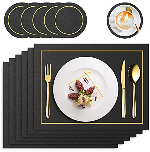 RIWNNI Tischsets PU Leder 6er Set, Platzsets und Untersetzer Set, Abwaschbar Lederoptik Platzdeckchen, Wasserdicht rutschfest Hitzebeständig Kunstleder Tischset, 41x31cm Esstisch Unterlage, Schwarz