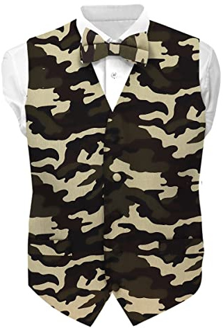 Vittorio Farina Men’s Vest & Bow Tie 2PC Set - African Kente & Animal Print Vest Set (Camo, S)