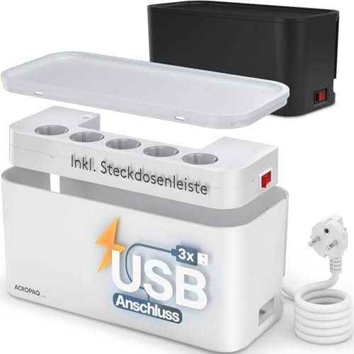 Kabelbox mit Steckdosenleiste USB - 5-Fach Steckdose, 3 x USB-A, Überspannungsschutz, 33 x 14 x 14 cm, 2500 Watt - Zum Kabel verstecken, Cable Organizer, Kabelmanagement Box, Kabelbox Weiß - ACROPAQ
