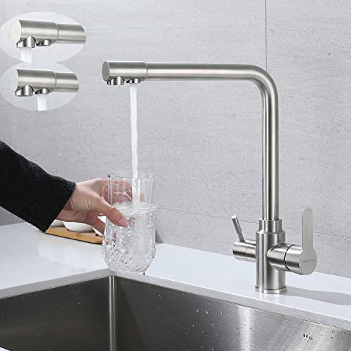 Robinet de cuisine à 3 voies, robinet d'eau potable à double vis, 3 en 1 traversant, agitateur rotatif à 360° avec 2 sorties, acier inoxydable SUS304, Nickel Brossé