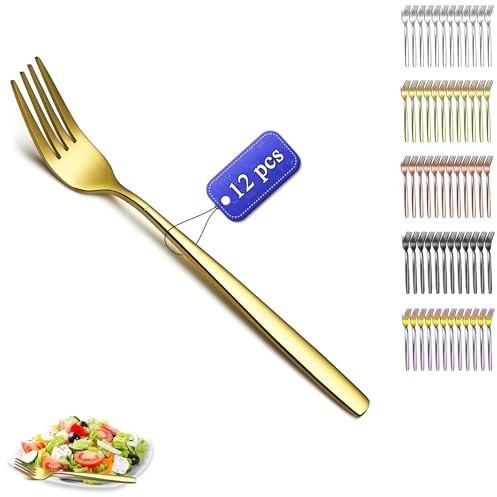 Kyraton Guld Middagsgafflar Set med 12 delar, 18,3 cm Titan Gyllene Plätering Rostfritt Stål Bordsgafflar Bestick Set för Hem, Restaurang, Hotell, Diskmaskin Säker