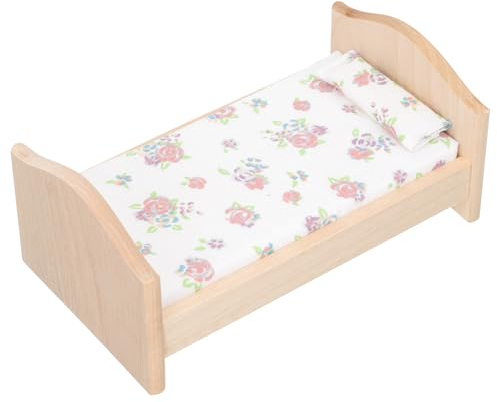 Abaodam Maison de poupée - Lit pour enfant - Meubles miniatures en bois - Lit de poupée avec parure de lit - Coussin - Décoration en bois - Modèle de lit pour chambre d'enfant - Coton