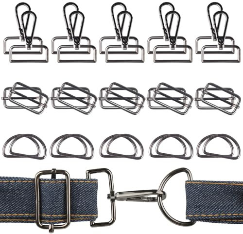 RVLZKCPG 30 Stück Taschenzubehör zum Nähen Set, 37mm Karabinerhaken mit Drehgelenk, Metalle D Ring Rechteckige Schiebeschnalle für Kunsthandwerk, Taschen, Kleidung, Gürtel (Schwarz)