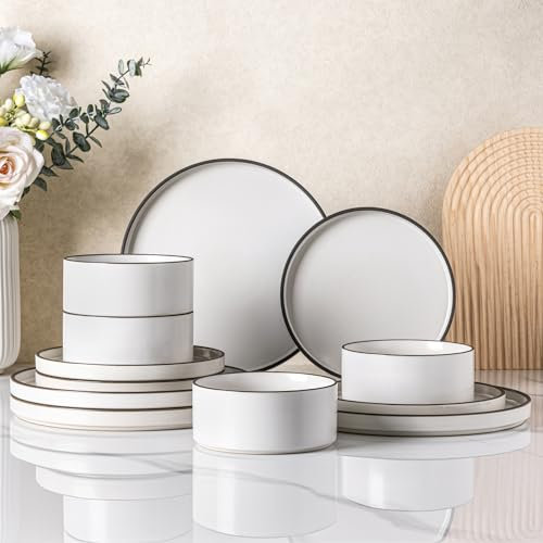 LeRatio Dinner Set for 4, 12 Piece Stoneware Plates and Bowls Set, Chip and Scratch Resistant Dinnerware Set, Oven & Dishwasher & Microwave Safe Crockery Set (White-Black Rim, Service for 4)