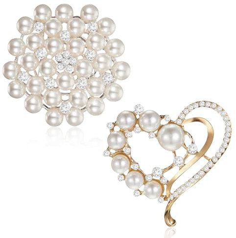 Aikeis Lot de 2 Broches pour Femme - Broche en Forme de Cœur et à Fleurs avec Strass - Clip de Mariée Blanc, XL, Cuivre