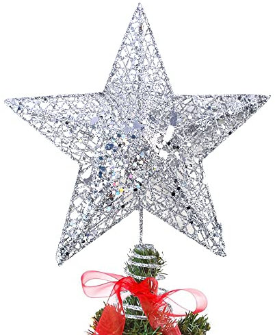 KEYIDO Christmas Tree Star Silver Christmas Star Tree Topper Metal Glitter Xmas Stars for Top of christmas Tree Decorations Ornaments 15 * 20 cm