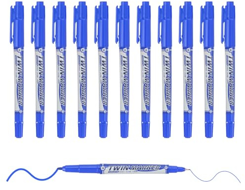 M&G Permanenta tvillingmarkörer, dubbel ultrafin punktspets (1,5 mm + 0,5 mm), 12-pack snabbtorkande, vattentäta fiberspetspennor för papper, glas, plast, trä, sten, metallyta, blå