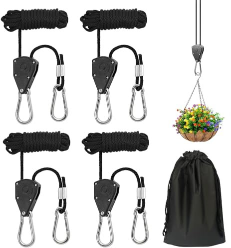 4 Stück Ratchet Hanger mit Haken, 2.4m Verstellbarer Seilaufhänger Seilspanner with Waterproof Storage Bag, Einstellbare Seilzugratsche Seilratsche für Pflanzenventilator Licht Zimmerpflanzen