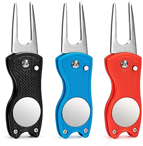 Jesustree Golf Pitchgabel, 3 Stück Edelstahl Golf Reparatur Pitchgabel Klappbar, Golf Divot Tool mit Pop-up-Taste und Ball Marker, Switchblade Reparaturzubehör für Club-Sport im Freien und Geschenk
