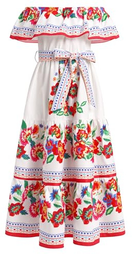 EFOGEP Vestito Messicano Estate Boho Floreale Drape Abito Off Shoulder Tradizionale Cinco De Mayo Fiesta Folklorico Abiti Bohemian Compleanno Festa Lunghi Maxi Abito con Cintura