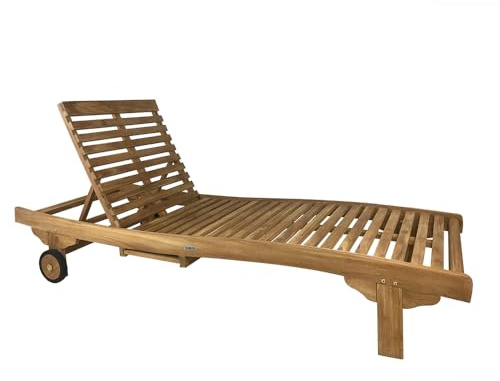 TEMPO STYLE - Chaise Longue Inclinable Meza en Bois Teck, Transat Exterieur, Dossier Réglable, Table Amovible, Roulettes pour un Déplacement Facile – Design pour Jardin, Piscine et Terrasse (Meza)