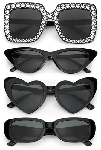 Hifot 4 Paires Lunettes de Soleil Femme Homme, Noir Rétro Lunette de Soleil Coeur Rectangulaire Oeil de Chat Carré Vintage, Mode Années 90 Sunglasses pour les Carnaval Fêtes Evjf Mariages Festival