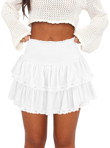 Pungdra Womens Casual Ruffle Mini Skirt Athletic Golf Tennis Skort Boho Tiered High Waist Layered Ruffle Lace Hem Flowy Short Skirts White Medium