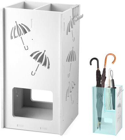 DoeDoefong Portaombrelli con 4 ganci e 2 zone separate, legno+PVC supporto per ombrelli, portaombrelli, porta ombrello, bianco, motivo scavato, elemento decorativo per corridoio e ingresso