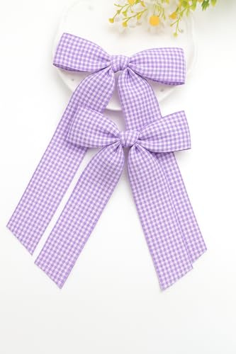 Gingham Hair Bow Set – Pack of 2 | School Hair Clips | Back to School Accessories for Girls | Purple Checked Pattern | Large Ribbon Bows with Alligator Clips – One Size