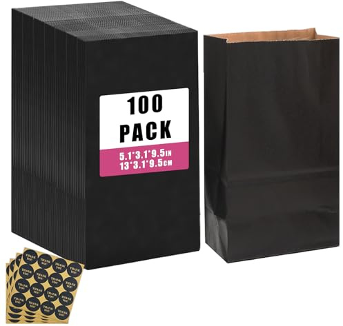Gcardist 100 piezas bolsas de papel kraft negras tratadas con 100 pegatinas 13,0 x 7,9 x 23,9 cm pequeñas bolsas de regalo para fiestas bolsa de snacks sin asa