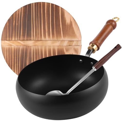 Uncoated Cast Iron Wok 9.5 Inch Japanese Iron Pan with Wooden Lid and Spatula Non Stick Hand-Forged Cast Iron Frying Pan for Restaurant Home Kitchen Induction Gas Stove