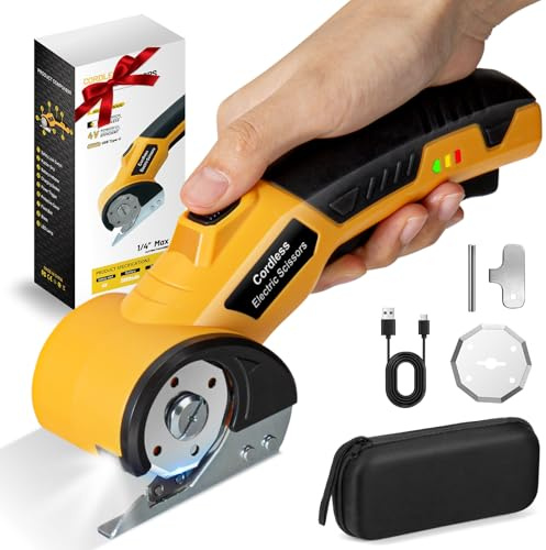 Kabellose Elektrische Schere 4V, Kartonschneider Rollschneider mit Sicherheitssperre und Beleuchtungseinheit, Handgeführter USB-C Wiederaufladbar Universalschneider für Pappe, Teppich, Leder und Filz
