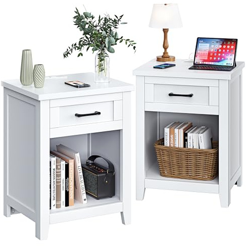 Decofy Farmhouse Nightstand with Charging Station & Large Storage, Set of 2 Modern End Tables with Outlets, USB Ports and Type-C Ports, Easy Assembly for Bedroom (Pure White)