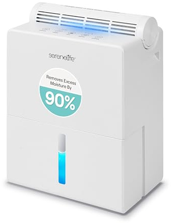 SereneLife 2-in-1 91 Oz Dehumidifier For Home, Bedroom, Bathroom, Basement with Removable Cylinder & Drying Base, Timer, Sleep Mode, & Smart Humidity Control, Covers 1200 Sq Ft 9 x 6 x 13 in, White