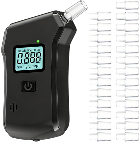SGZIOO Alcoholimetro Homologado Portátil, Test de Alcoholemia con Luces LED y 25 Boquillas Reutilizables Prueba de Alcohol Digital con Pantalla LCD Alcoholimetro para Uso Doméstico y Profesional