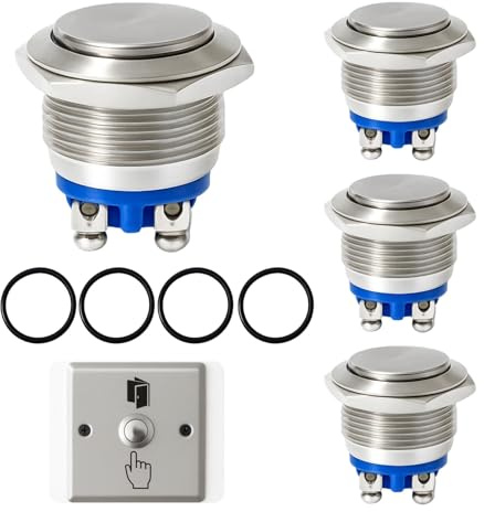 4 pezzi Pulsante momentaneo 19 mm 12 V 5 A AC/DC 220 V testa piatta IP65 impermeabile acciaio inox metallo, 3 morsetti a vite, campanello, auto, barche, elettrodomestici, industria