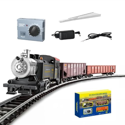 1/87 HO Juego de trenes de locomotora de vapor, modelo completo de ferrocarril con velocidad ajustable, rieles metálicos y vagones de mercancías para jóvenes y adultos