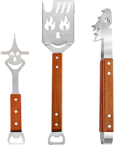 Shuqio BBQ grillbestickset 3 delar, 11-i-1 rostfritt stål grilltillbehör med trähandtag, multifunktionell grillspatel med flasköppnare, tång och gaffel, roliga grillpresenter för män och far