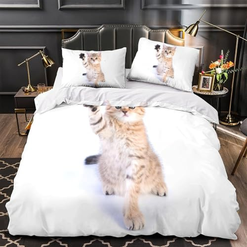 QIAVXZIP gattino carino che saluta Impressione 3D 3 pz fodera per edredone adorabile stile tigrato coperteletto microfibra zip antiacari per ragazzi uomini adulti Single（140x200cm）