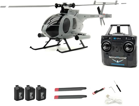 RCXTechPro RC-ERA C184 MD500 Hélicoptère radiocommandé à hélice unique 6 axes gyroscopique stabilisé avec flux optique et émetteur amélioré pour adultes – Gris/3 batteries