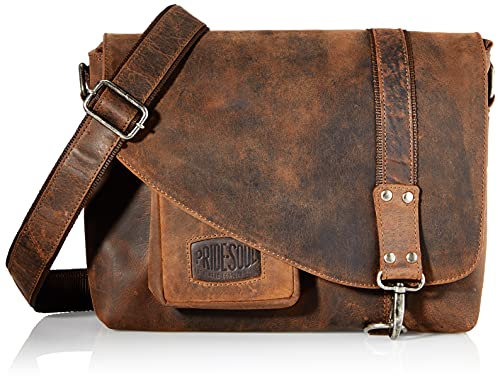 Pride and Soul 47144 Umhängetasche Mrs. Noel, Alltagstasche hergestellt aus echtem Leder, Hauptfach mit Handytasche und Stiftschlaufen, Ledertasche braun, Businesstasche ca. 32 x 28 x 11,5 cm