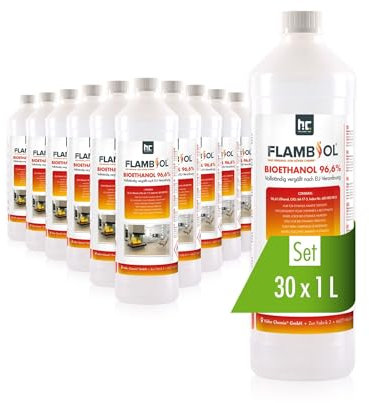 Höfer Chemie Bioéthanol 96,6% Premium 30 x 1 L - pour Cheminée de Table, Cheminée & déco de Jardin - sans Fumée ni suie - A Base de maïs & de Betteraves
