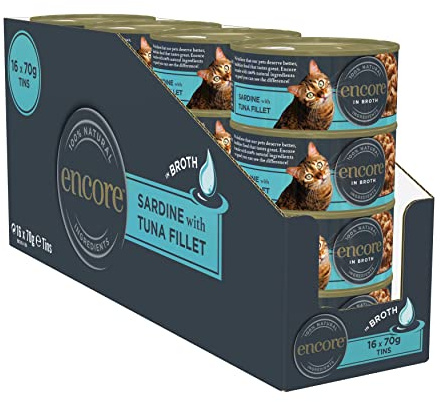 Encore Premium Comida Húmeda para Gatos 100% Natural en Lata de Filete de Sardina y Atún - Paquete de 16 latas de 70 g
