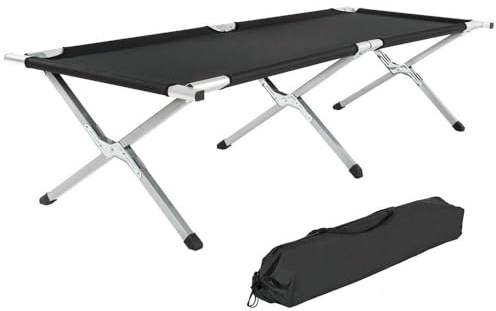 tectake® Lettino da Campeggio in Alluminio, Letto Pieghevole Portatile, Lettino Mare con Borsa, Letto Pieghevole da Esterno, Robusto, Portata Fino a 150 kg, Camping, Spiaggia, Piscina – Nero