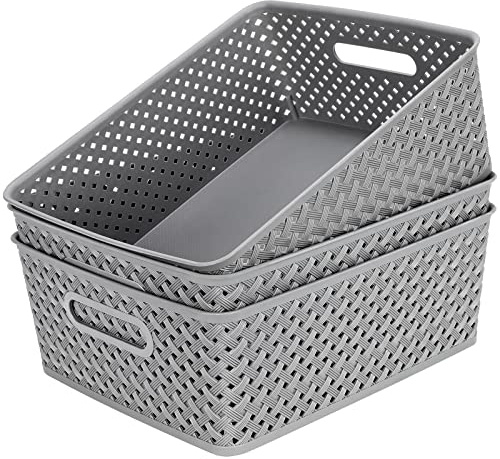 MaxGear Organization and Storage 3 Packs, Plastic Bins Organizer Bins, Woven Baskets for Storage, Plastic Baskets with Handles, Grey Basket for Organizing, Basket Organizer for Home and Office, Large