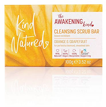 Kind Natured The Awakening Cleansing Scrub Bar, Natural Orange and Grapefruit Vegan Bar Exfoliating Soap, 100g