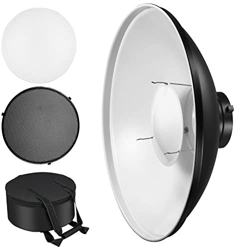Soonpho Beauty Dish con reflector estándar de 16 pulgadas / 42 cm con rejilla de nido de abeja, calcetín difusor blanco y bolsa, para luz flash estroboscópica de estudio con montaje Bowens
