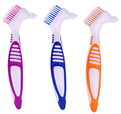 Premium Gebissreinigungsbürsten-Set mit mehrschichtigen Borsten und ergonomischem Gummigriff, tragbare doppelseitige Gebissbürste für die Reinigung falscher Zähne, 3 Stück (blau, orange, lila)