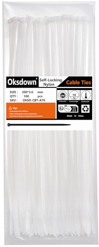 Oksdown 100 Pack White Plastic Cable Ties 200mm×3.6mm Heavy Duty Strong Nylon Premium Self Locking 8 inch/20 cm Long Zip Tie Wraps