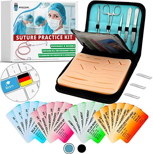 Kit di sutura chirurgica per studenti | Allenamento alla sutura | Video-corsi in italiano | 33 pezzi con custodia a scomparti | pelle artificiale | Regalo ideale per gli studenti di medicina