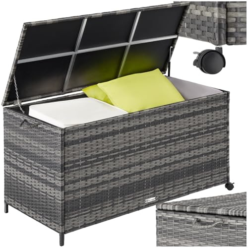 tectake® Coffre de jardin Exterieur, Coffre à Coussins 297 L en Aluminium Polyrotin 117 x 54 x 64 cm avec Roulettes, Couvercle Rabattable, Poignées pour Rangement des Outils de Jardin, Matelas, Jouets