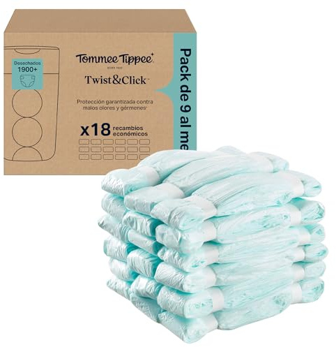 Tommee Tippee Twist & Click Nappy Bin Refills, Pack of 18, each 10.5 metres, Multilayer, Antibacterial* Film, Designed to Slot into Your Existing Twist & Click Nappy Bin Cassette (18 X 10.5m)
