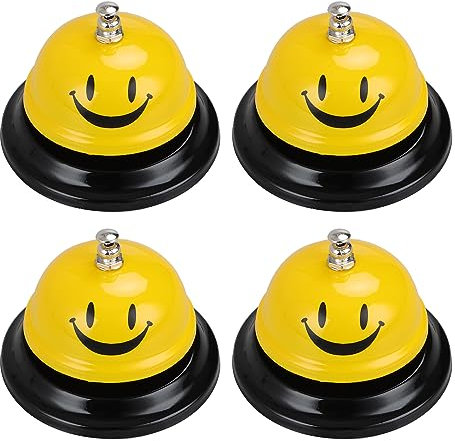 GOYADA 4 Pack Call Bell, Yellow Service Bell Bar Bell, 8.5cm Diameter 6cm Height, Metal Bell Table Bell Front Desk Bell Counter Bell for Hotel, Kitchen, Restaurant, Bar, Dinner