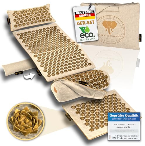 CALM ELEPHANT ORIGINAL® Esterilla de Acupresión con Cojín XXL Set ULTIMATE 6 Piezas, Masaje Espalda, Libera Tensiones, Cojín con Calor, Soporte Lumbar y Rodillas, Esterilla Pies - Beige