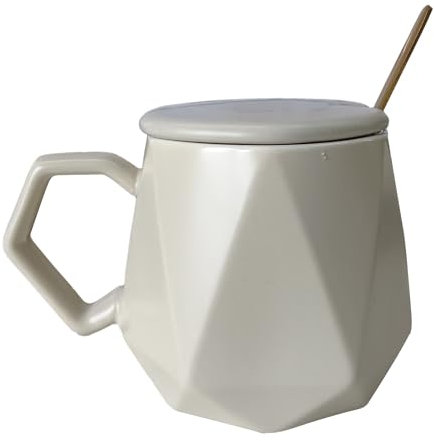 Keramikbecher, Kaffeetasse mit Deckel und Löffel, Hohe Temperaturbeständigkeit, Wasserbecher für Zuhause und Büro,Geschenk für Familie und Freunde, 400ml Tasse