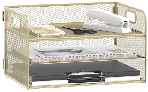Daltack 3-Tier Paper Organizer with Handle, Mesh Desk Organizer Letter Tray, Paper Tray Organizer File Organizer for A4 File Folder, Golden Yellow